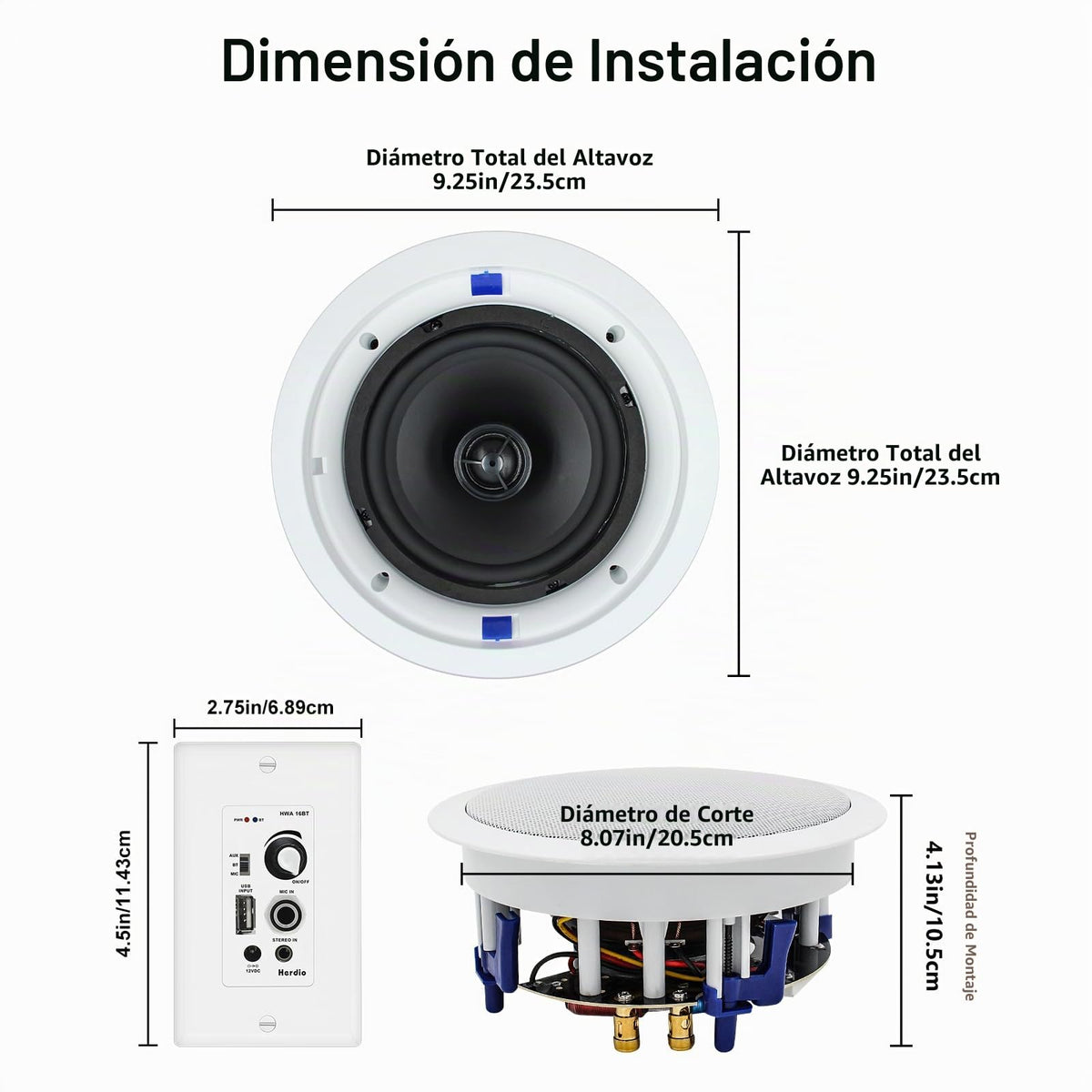 Sistema de Audio Herdio Blanco con Control de Volumen y Receptor en Pared, Altavoces de Techo de 6.5 Pulgadas y 640 W (2 Pares) para el Hogar