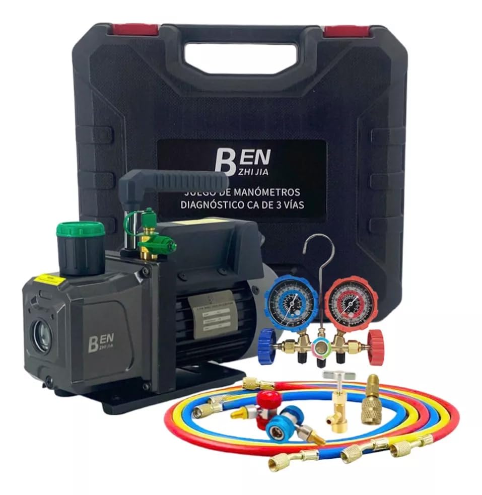 FIXITFAST 5cfm 1/3hp Bomba De Vacío + Manómetro R134a/r22/r410a/r404a juego de manómetros de colector de 4 vías para refrigerantes para refrigeración HVAC A/C recarga y mantenimiento, sin aceite