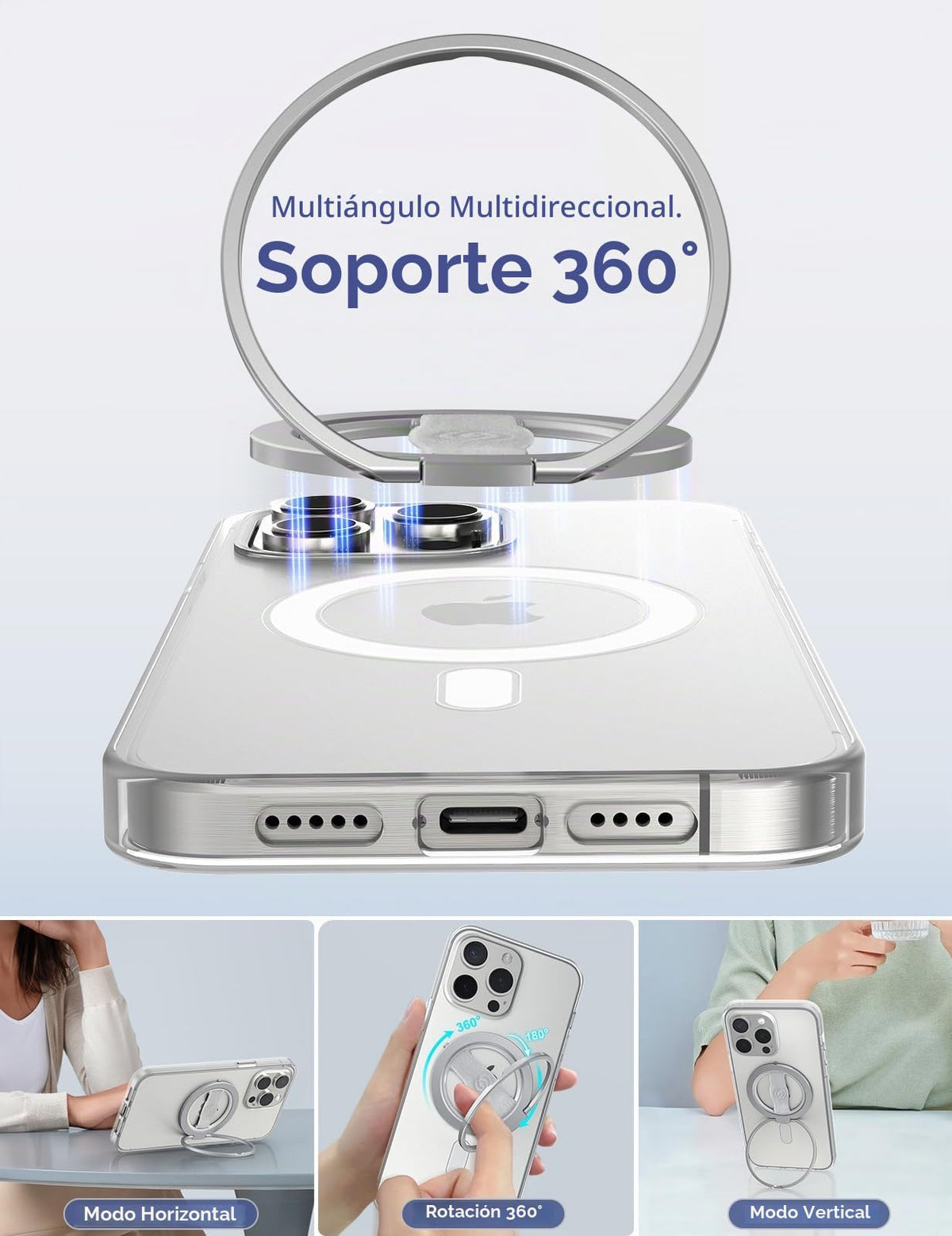 Soporte de Agarre para Teléfono EWA MagOne Plata con Correa para Dedos y Soporte Magnético Extraíble para iPhone Series 17-12