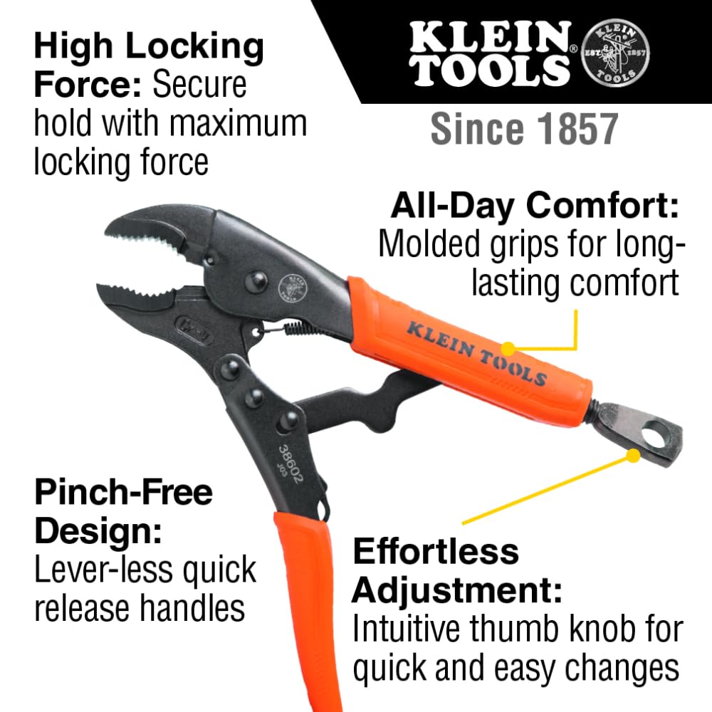 Klein Tools 38665 - Juego de alicates de bloqueo, punta larga de 6 pulgadas, mandíbula curvada de 7 y 10 pulgadas, par alto, puños de topo para sujetar y agarrar 3 piezas