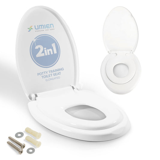UMIEN - Asiento de inodoro 2 en 1 para niños pequeños y adultos, entrenamiento para ir al baño fácil de instalar, alargado