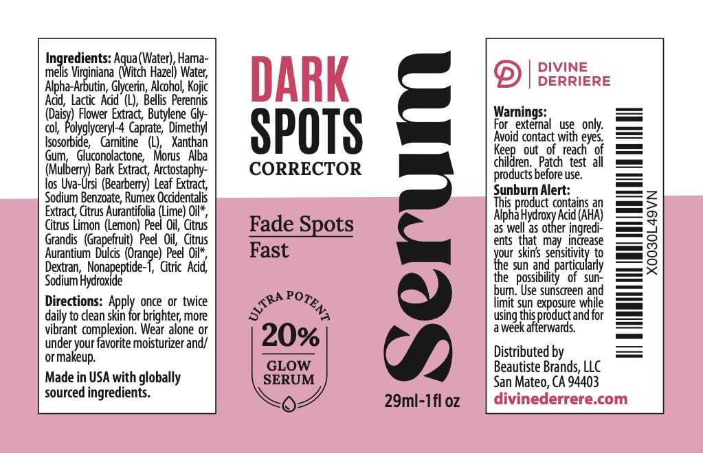 Divine Derriere Skin Lightening 2% Hydroquinone Dark Spot Corrector For Face & Melasma Treatment Fade Cream - Contains Vitamin C, Salicylic Acid, Kojic Acid, Azelaic Acid and Lactic Acid 1.0 oz / 30ml