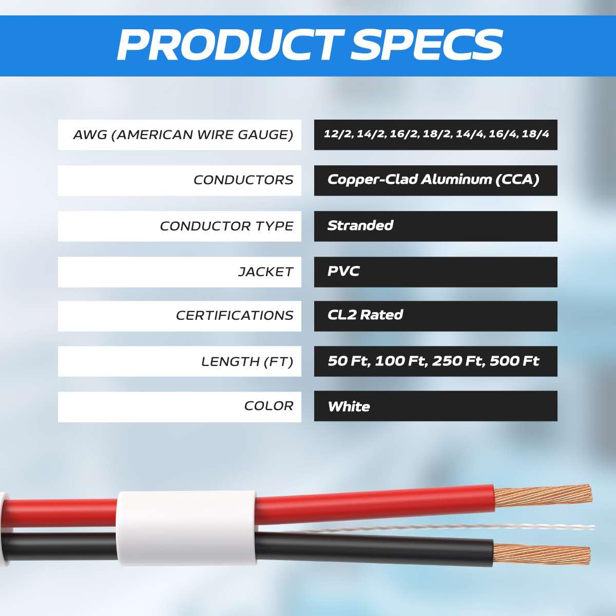 Cable de Altavoz CL2 18AWG 2 Conductores Aluminio Revestido Cobre Bajo Voltaje 152,4 m Caja de Tracción