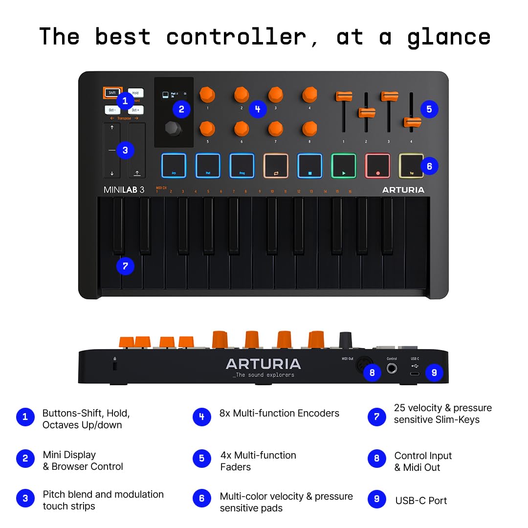 Arturia MiniLab 3 25 - driver de teclas delgadas, color naranja