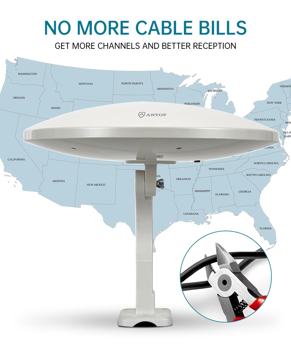 ANTOP - Antena de TV Omnidireccional para Canales Locales, HDTV, RV/Marine, 360° con Amplificador Inteligente y Filtro Integrado para Bloquear Señales 3G 4G 5G, 65 Millas de Alcance