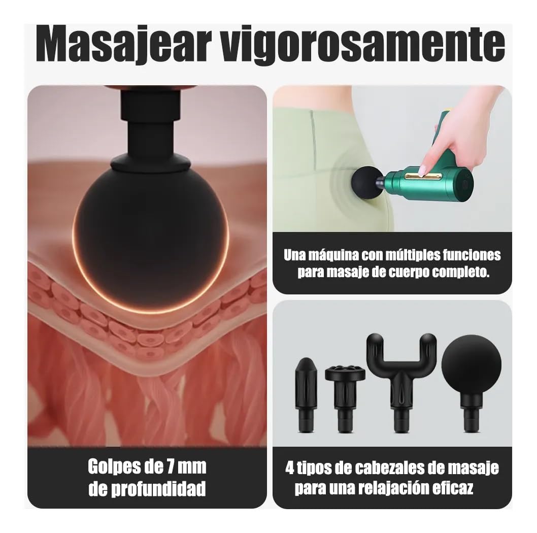 Pistola de Masaje Muscular con 4 Cabezas, Masajeador Portatil Muscular Mini Masajeador de Tejido Profundo Ajustables Massage Gun, Masaje Profesional Para Musculos, Ligamentos y Tejidos, Carga USB(Verde)