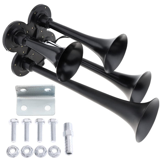 DriSentri 4 trompetas de aire bocina de tren de 12 V 178 dB súper fuerte negro cuatro trompetas bocina de aire para coches, camiones, barcos, SUV, motocicletas, vehículos