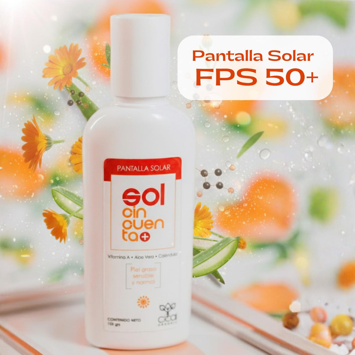 Protector Solar Cical Organic SPF 50+ con Aloe Vera y Caléndula a Prueba de Agua