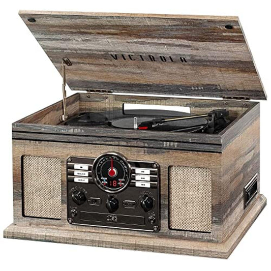 Tocadiscos Nostalgic Victrola Shiplap Grey con Bluetooth y Centro Multimedia de 6 en 1