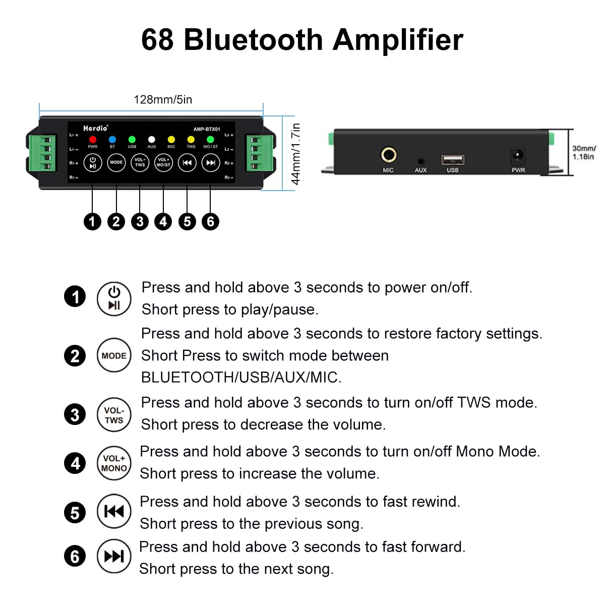 Herdio - Altavoces Bluetooth para Exteriores, de 6.5 Pulgadas, 800 W, con Cable, Impermeable, con Amplificador Multifuncional, Altavoz de Montaje en Pared, para Patio, hogar, Piscina, terraza, Patio