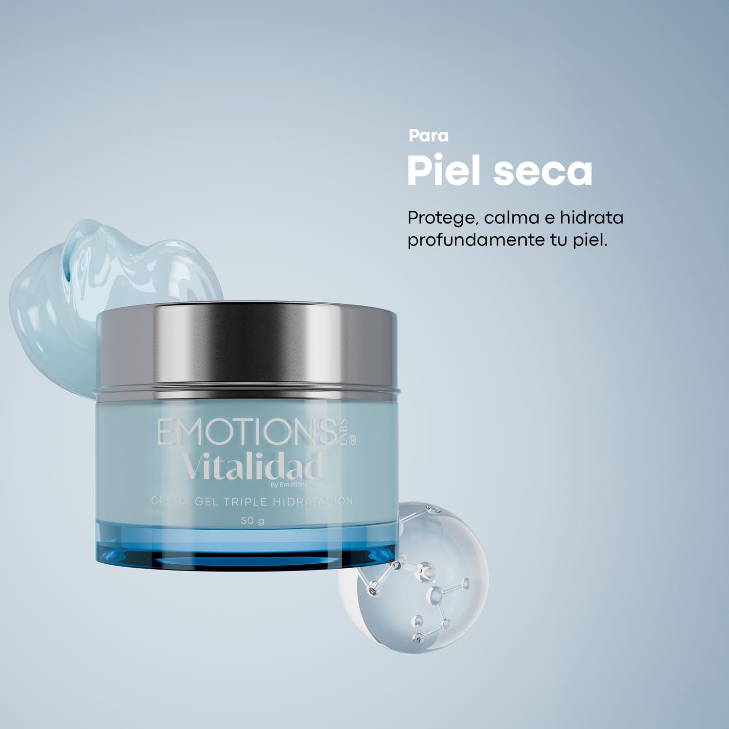 Emotions Labs |Crema Facial en Gel Vitalidad | Humectante| Con Ácido Hialurónico, Semilla de Sena y Alga Roja | Para Piel Seca | Uso Día y Noche | Contenido 70g