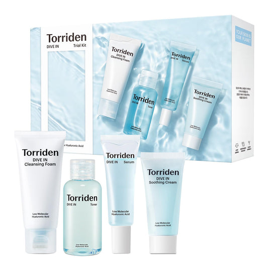 Torriden- Kit de prueba DIVE-IN, kit de cuidado diario de la piel con infusión de ácido hialurónico: régimen de 4 pasos con limpiador en espuma, F