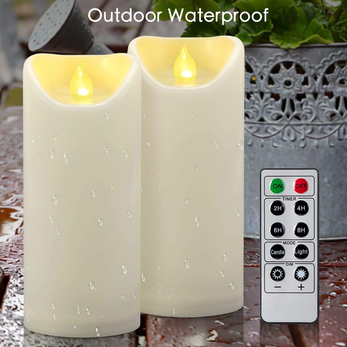 CANDLE IDEA - 2 velas LED impermeables de 3 x 7 pulgadas para exteriores, sin llama, con temporizador remoto, funciona con pilas, velas falsas de plástico para decoración de linterna de Navidad de