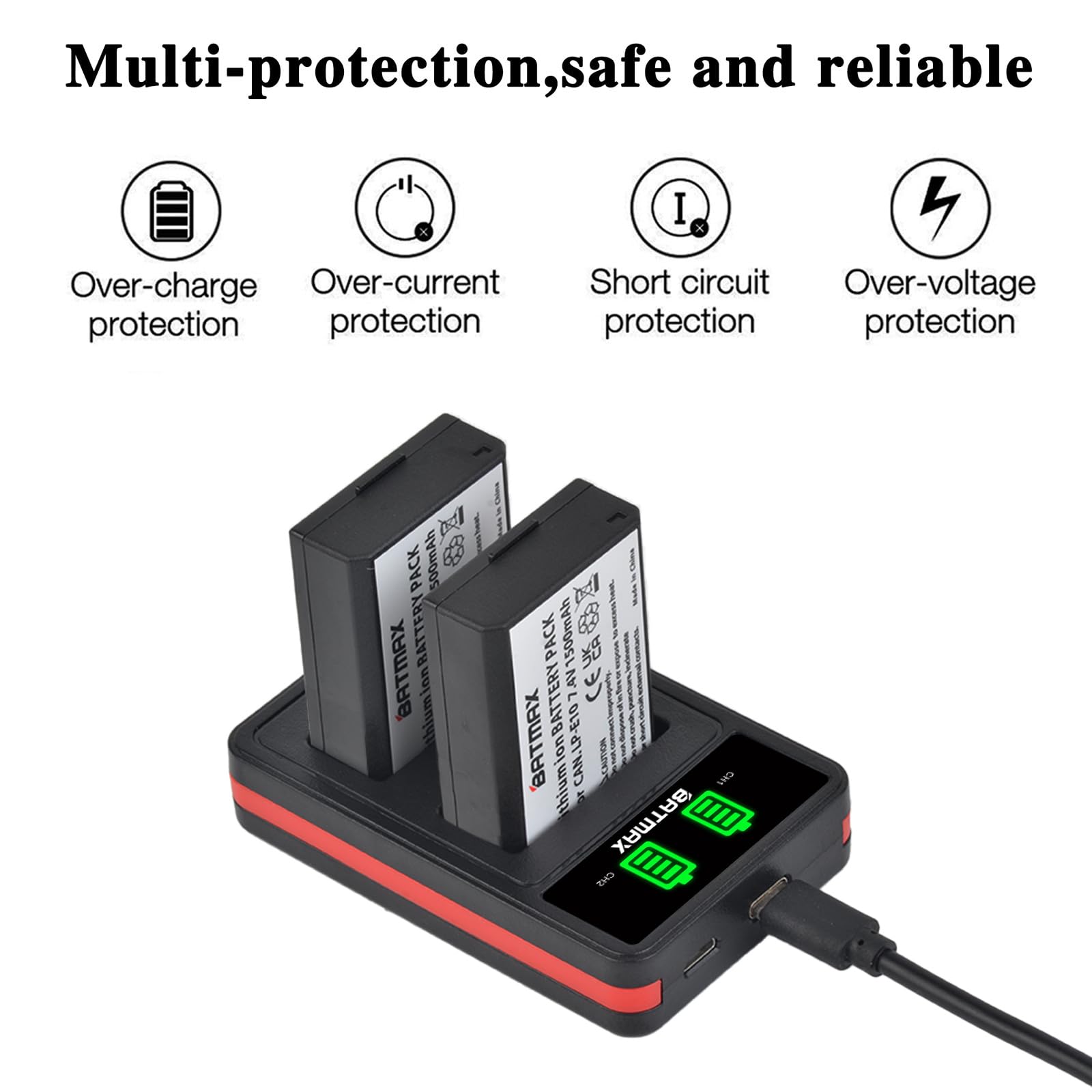 Batmax - Paquete de 2 baterías LP-E10 LP E10 + cargador USB dual LED con puerto tipo C para Canon EOS Rebel T3 T5 T6 T7, T100, EOS 4000D 2000D 1500D 1300D 1200D 1100D, Kiss X50 X70