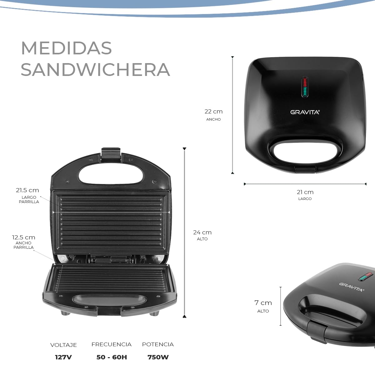 Sandwichera Eléctrica Antiadherente Negro con Patas Antiderrapantes y Asa Termoaisladora