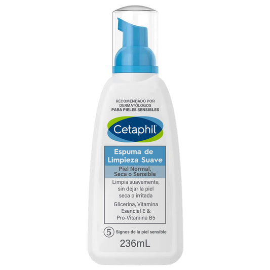 Cetaphil Espuma de Limpieza Suave, Limpia Suavemente sin Dejar la Piel Seca Formulada para Uso Diário Recomendada por Dermatólogos para Piel Sensible - 1 pieza de 236ml