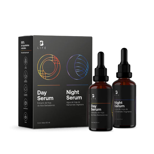 Kit de Sérum de Día y Noche para Rostro de 60 ml C/U con 96% de Ingredientes Naturales. Adicionado con Vitamina C y Ácido Hialurónico. Skincare Antiarrugas. Kit Serum B Life.