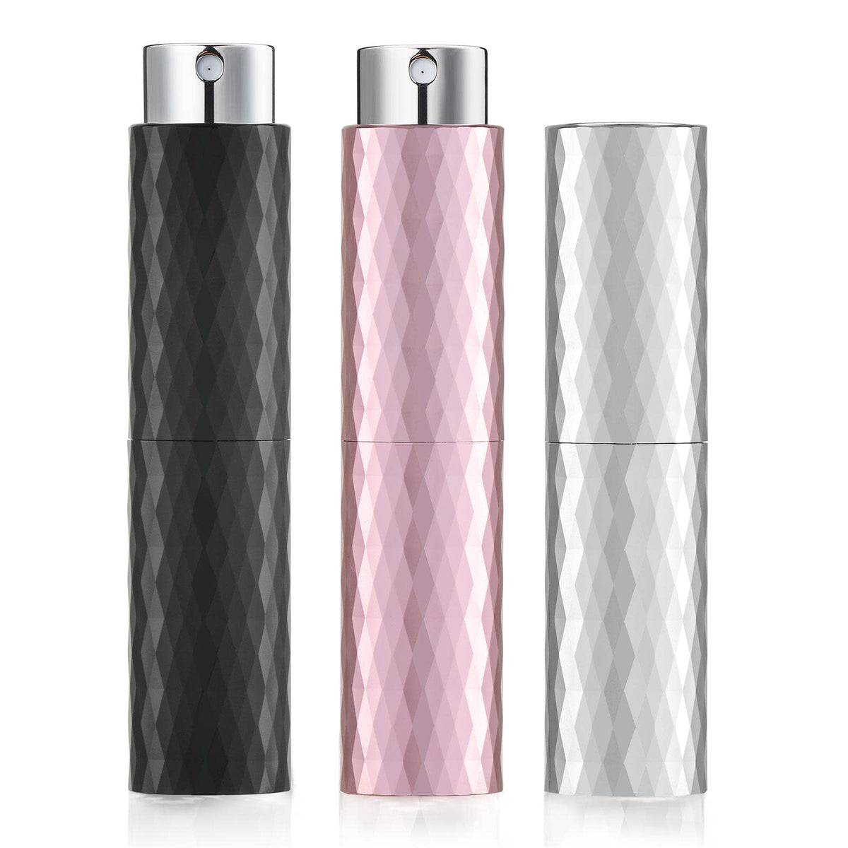 Lisapack - Dispensador de perfume de 8 ml (3 piezas), pequeño dispensador de perfume recargable, aspiradora para viajes, pulverizador de colonia portátil (patrón esculpido, plata, rosa, negro)