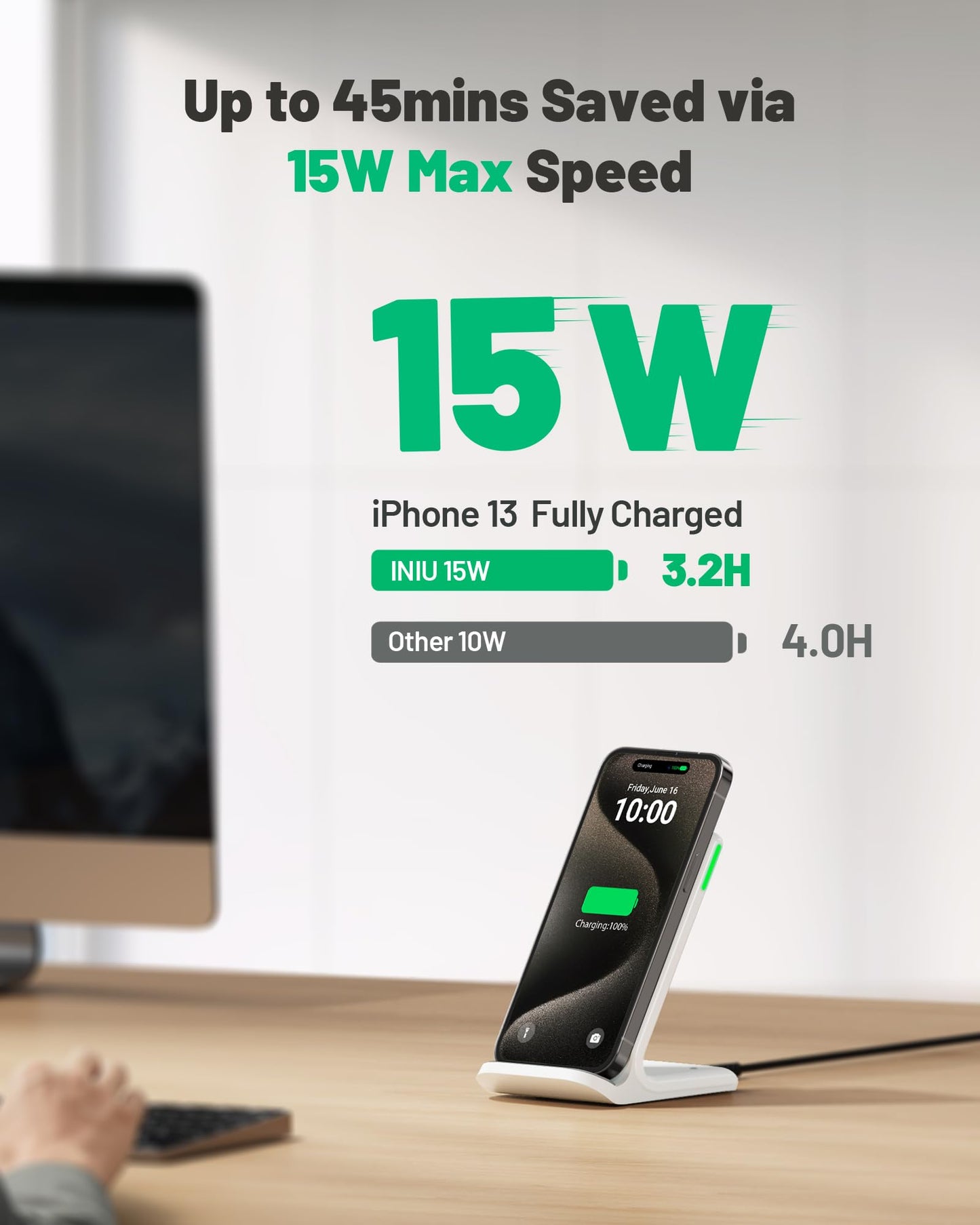 INIU Cargador inalámbrico, [Blanco, 15W] Estación de Carga inductiva rápida Qi certificada para iPhone 16 15 14 13 12 Pro MAX Samsung Galaxy S23 S22 Google Pixel