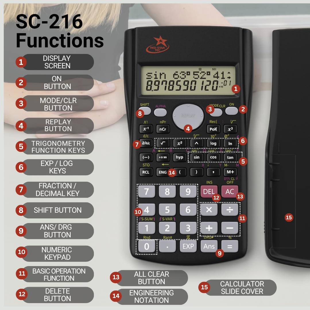Calculadora Científica Red Star Tec SC-216 Negra para Estudiantes y Uso Empresarial