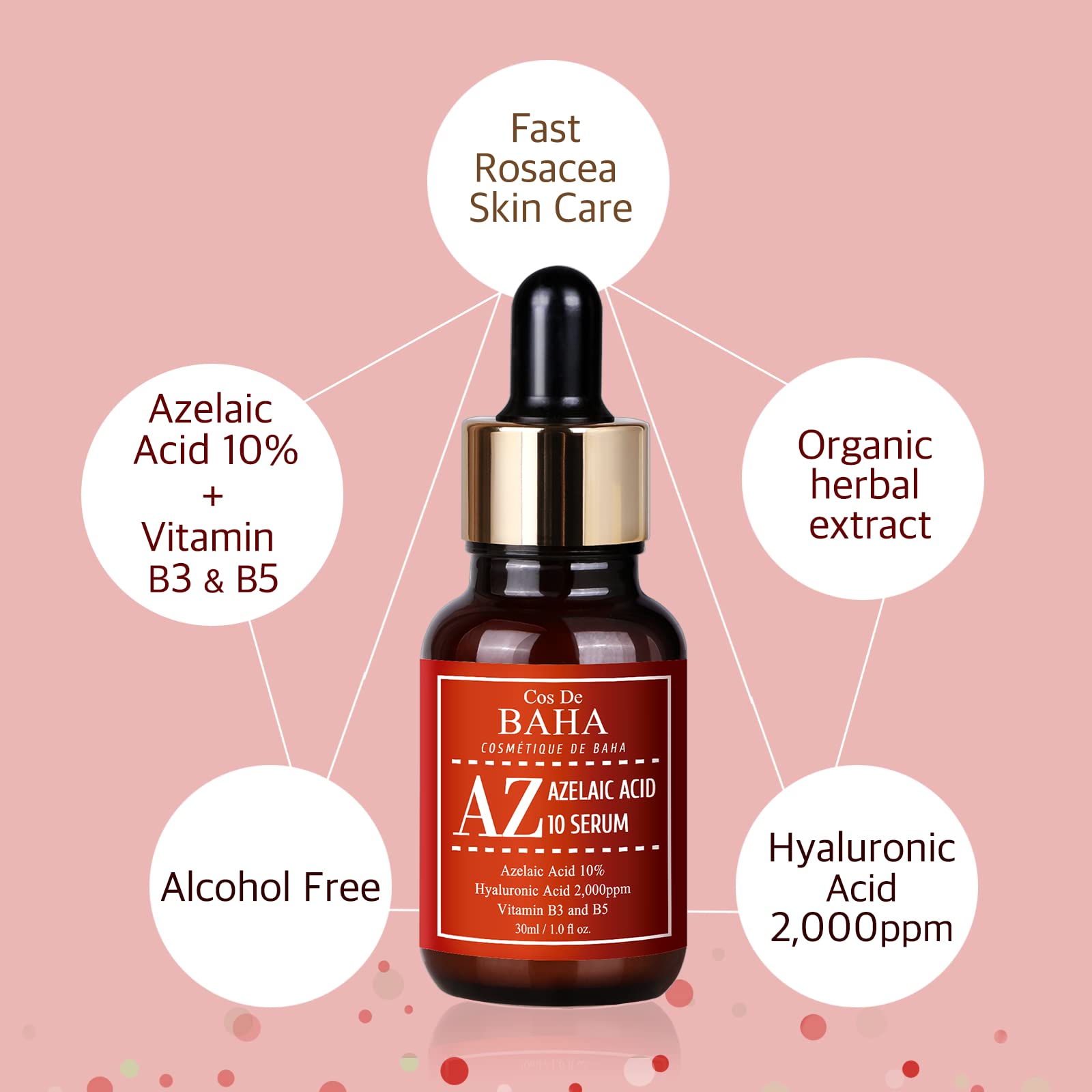 Cos De BAHA Sérum facial de ácido azelaico 10% con niacinamida, para el cuidado de la piel de rosácea, de cicatriz de acné quístico - 1 oz, 30 ml
