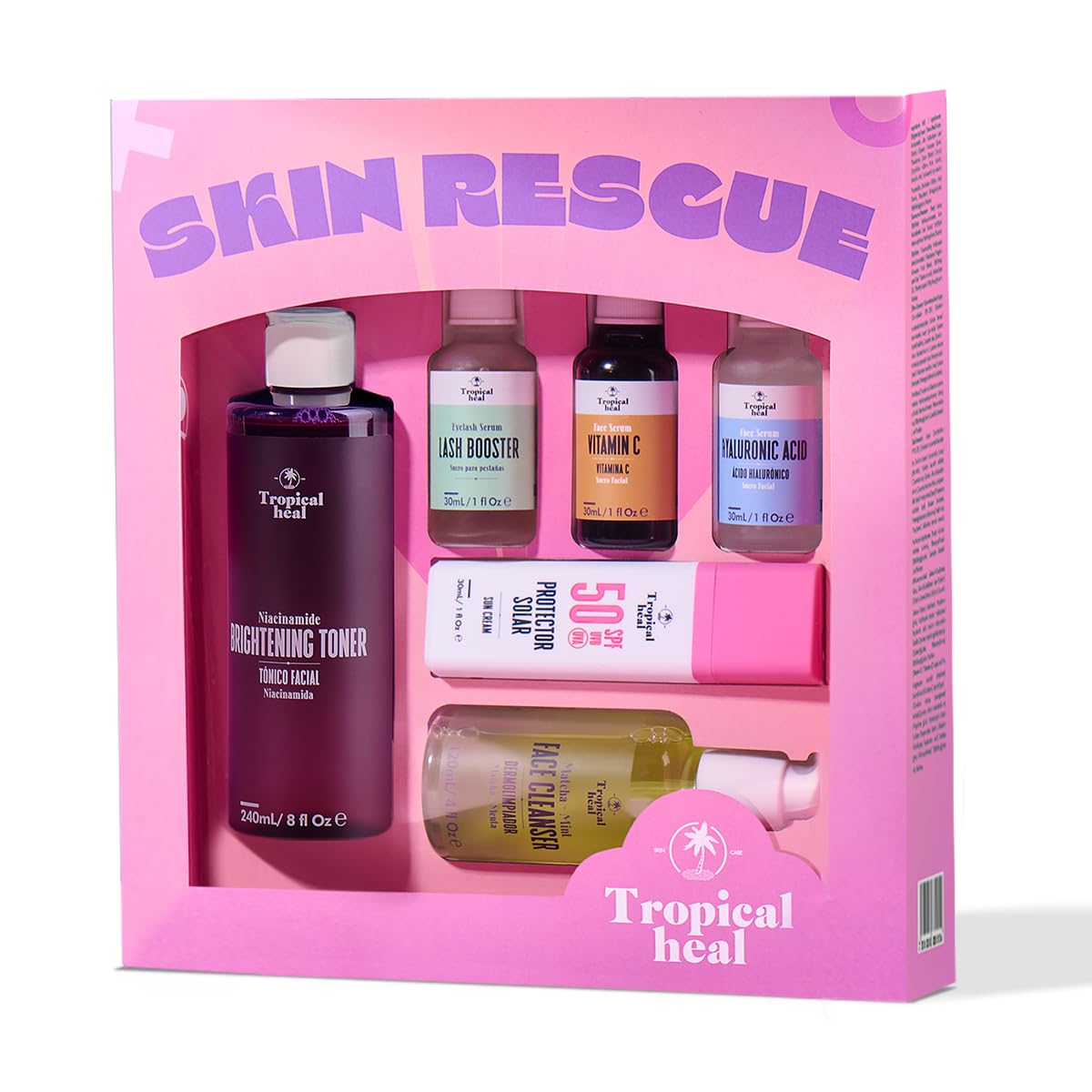 Tropical Heal - Skin Rescue Kit Facial Completo para Cuidado Reparador de Día y Noche - Limpieza, Hidratación, Fortalecimiento de Piel, Pestañas y Cejas