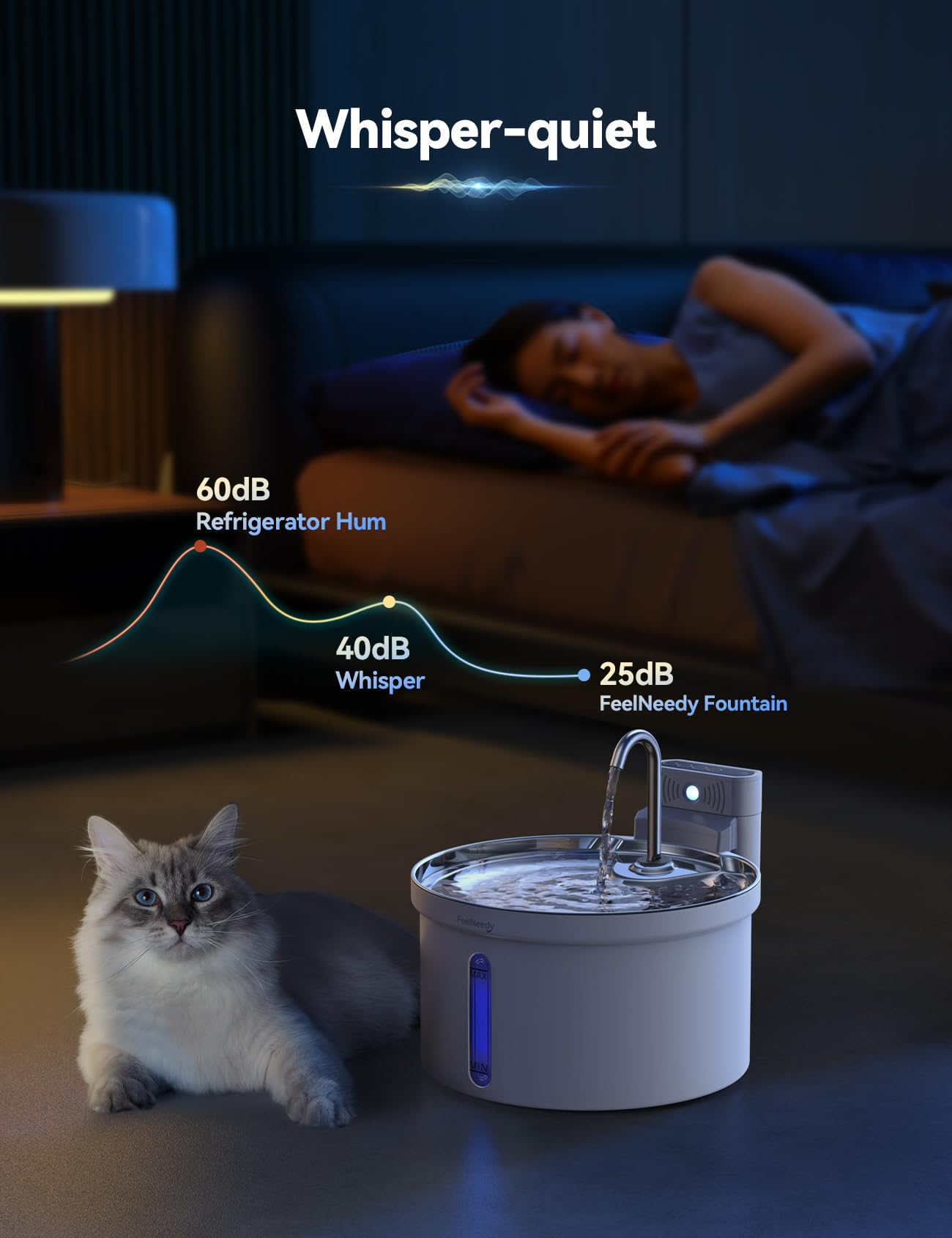 Fuente de agua inalámbrica para gatos [separación de agua y batería] FEELNEEDY Dispensador de agua para mascotas con sensor de movimiento, 3.5 l/12 onzas 4000 mAh con pilas para gatos, perros con 6