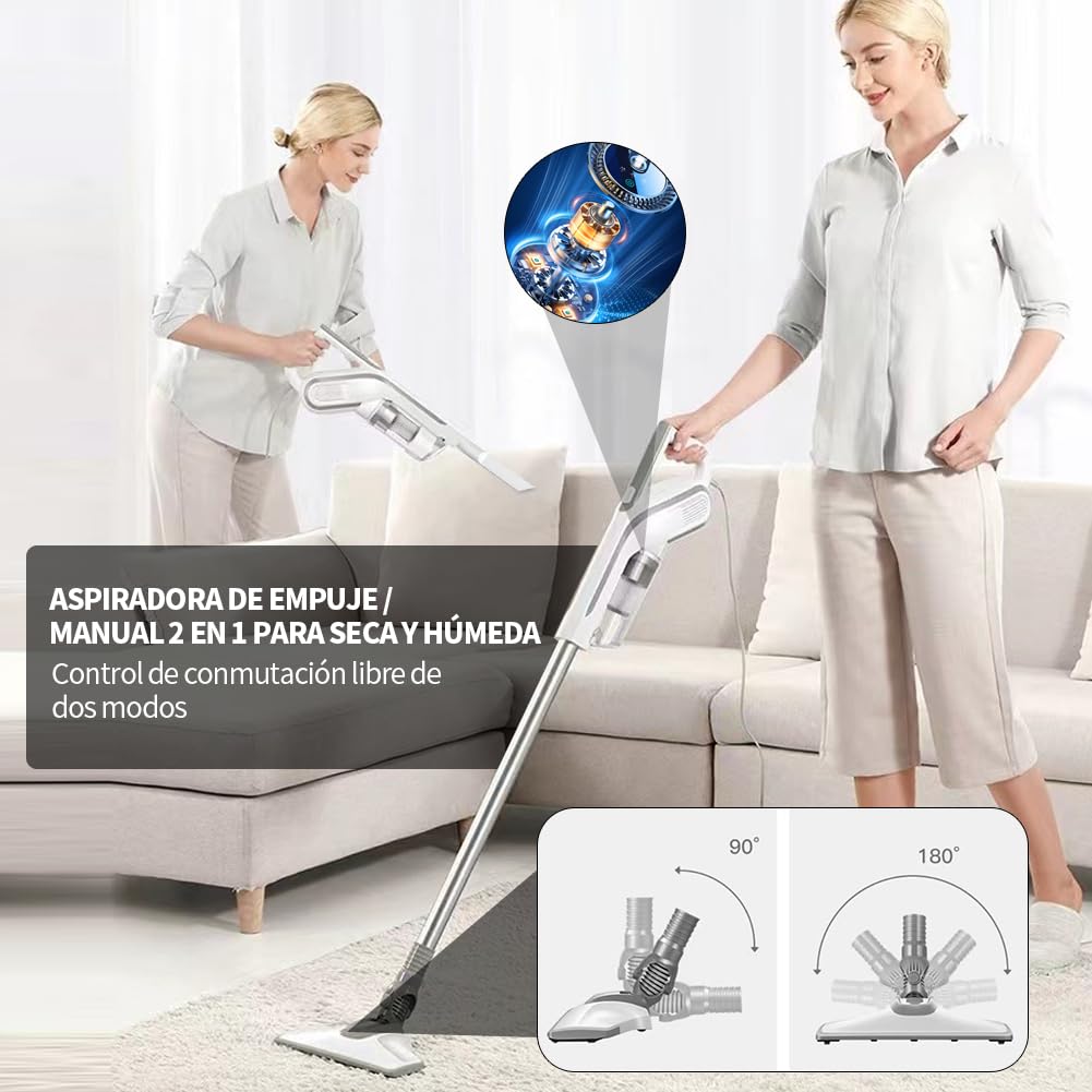 Aspiradora Alámbrica de Mano y Putt 2 EN 1 - Portátil Con Potente Succión, Ligera, Filtro y Cepillo De Suelo Giratorio - Vertical para Hogar, Auto y Oficina