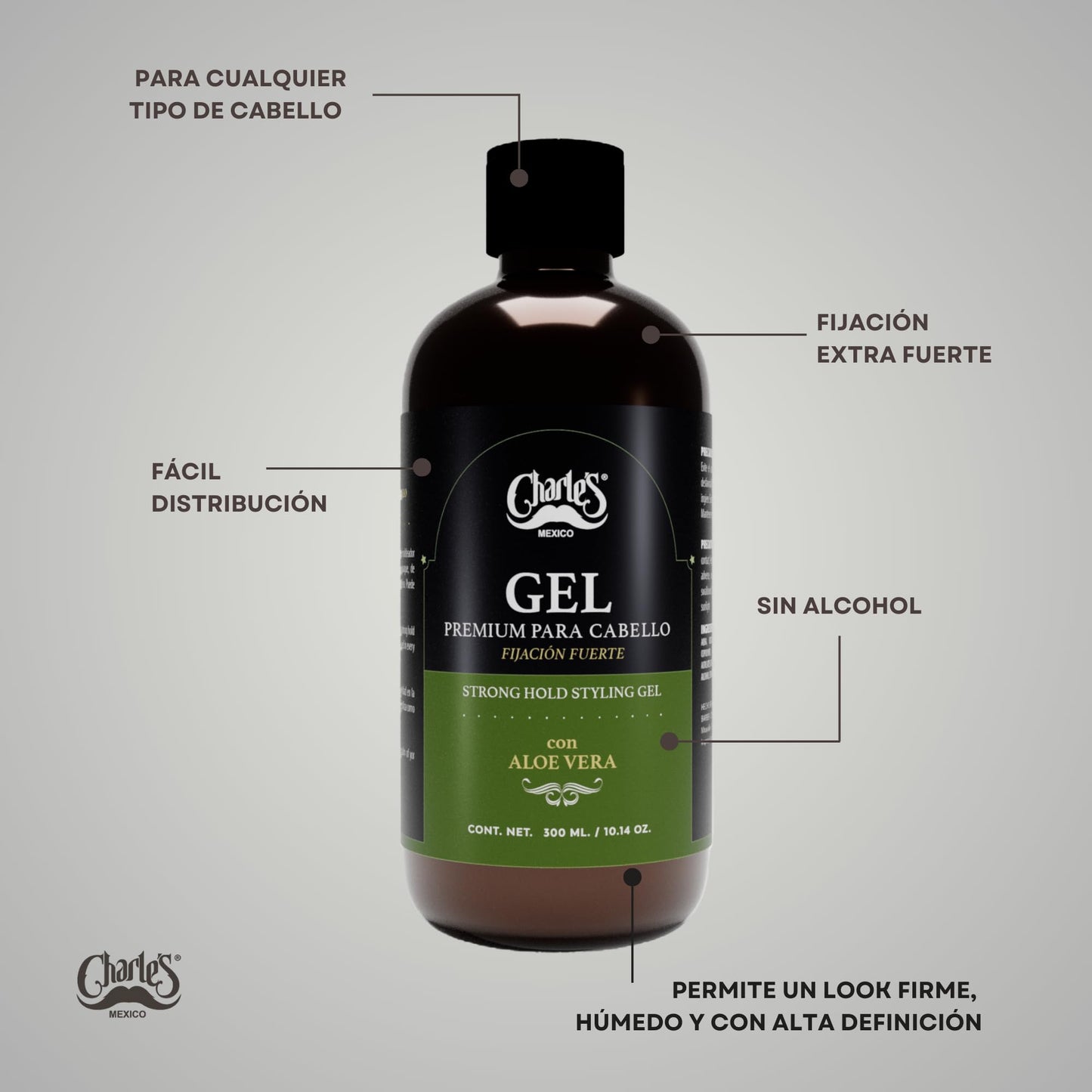 Charle’s – Gel Para Cabello Premium 300mL – Fijación Fuerte – Con Aloe Vera – Sin alcohol - No deja residuos – Acabado natural – Fácil distribución.