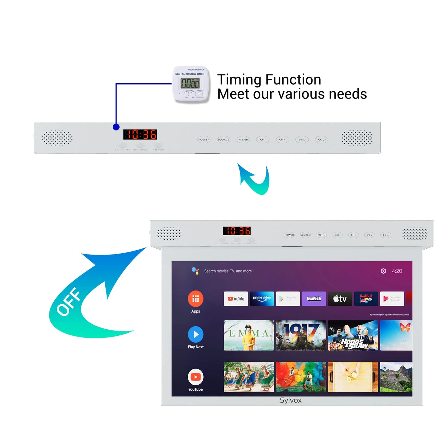 Smart TV SYLVOX Blanco Puro Rotación 360° y Visualización Abatible para Cocina y RV