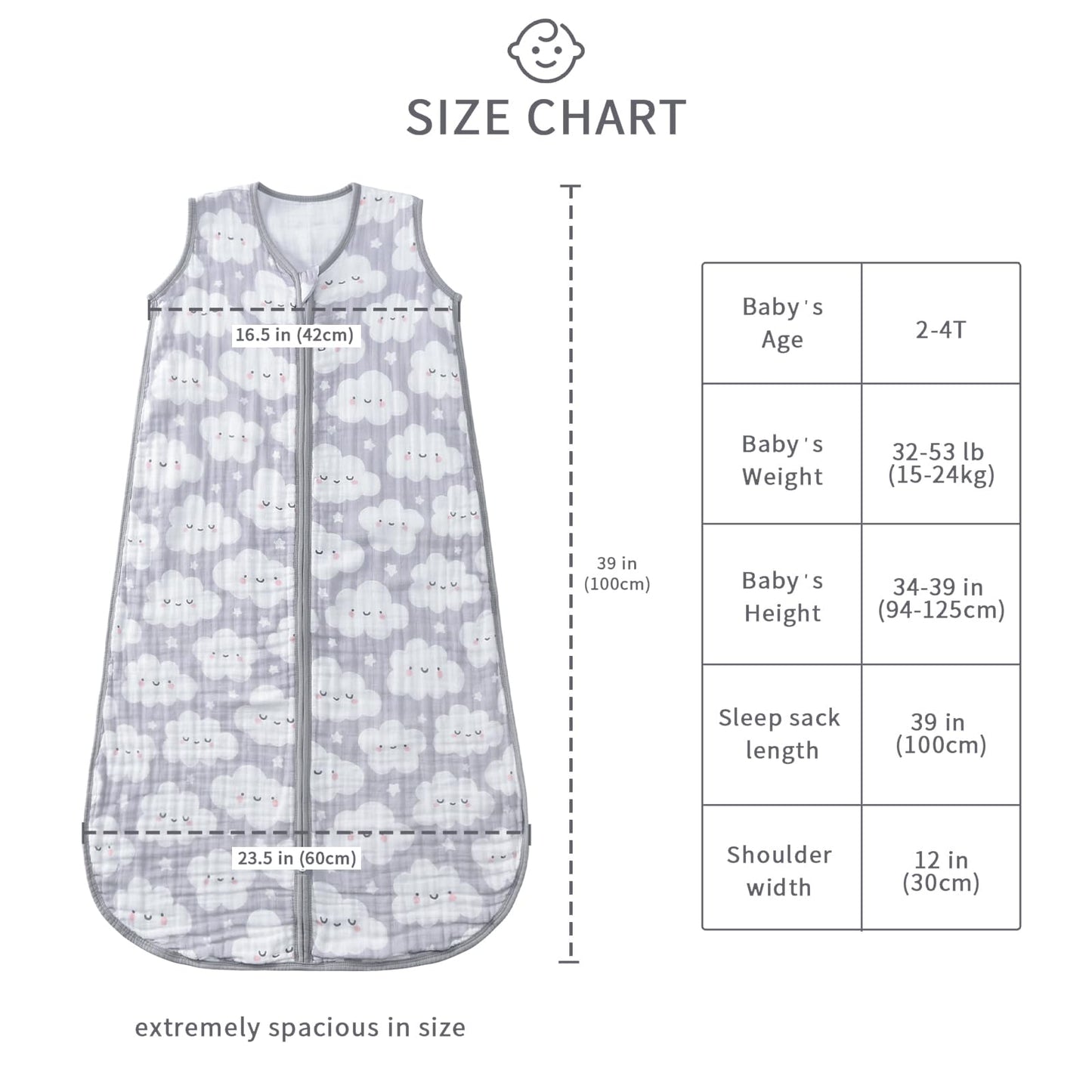 TADO MUSLIN - Saco de dormir para bebé de 2 a 4 T, manta portátil para bebé, 100% algodón orgánico, 0.5 TOG, sacos de dormir para niños pequeños, cierre de 2 vías, 4 capas, 2T, 3T, 4T, nube