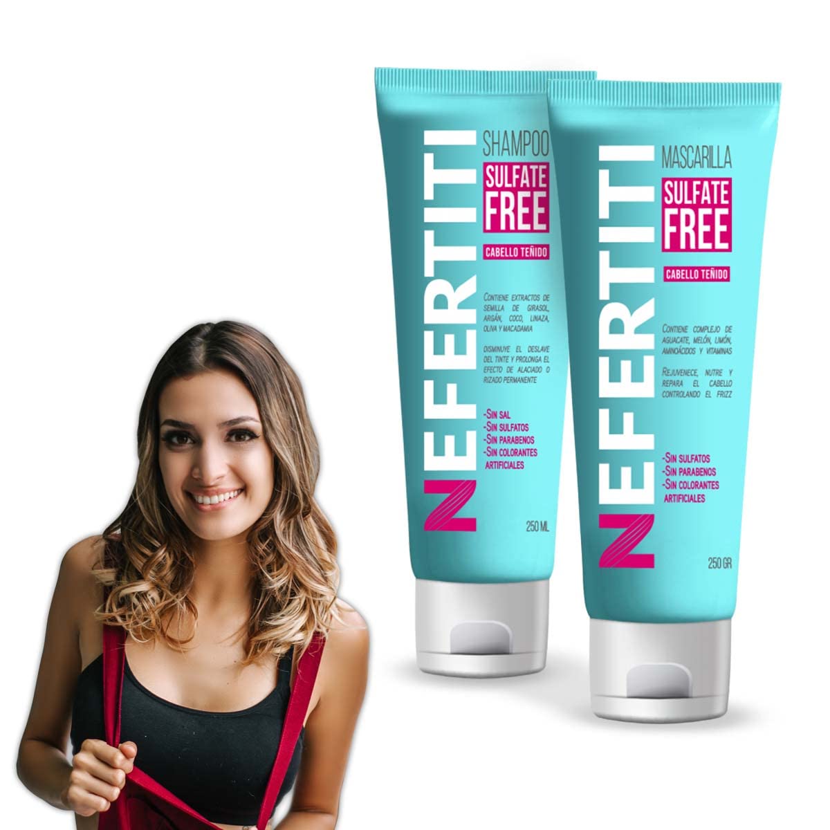 Kit Cabello Teñido Shampoo sin Parabenos + Mascarilla Sulfate Free de Nefertiti con Aceite de Argán, y Macadamia, Prolonga la Duración del Tinte, Alaciado y Permanente.