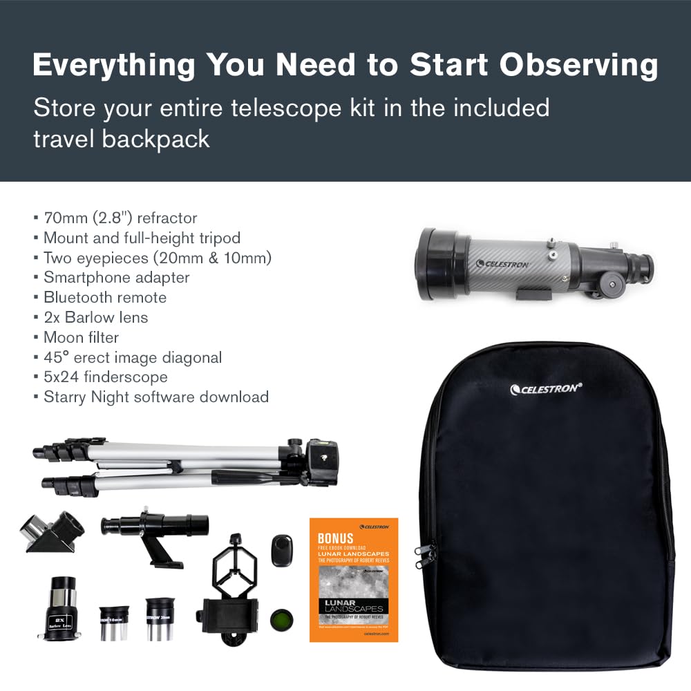 Celestron - 70mm Travel Scope DX - Portable Refractor Telescope - Fully-Coated Glass Optics - Ideal Telescope for Beginners - Digiscoping Smartphone Adapter