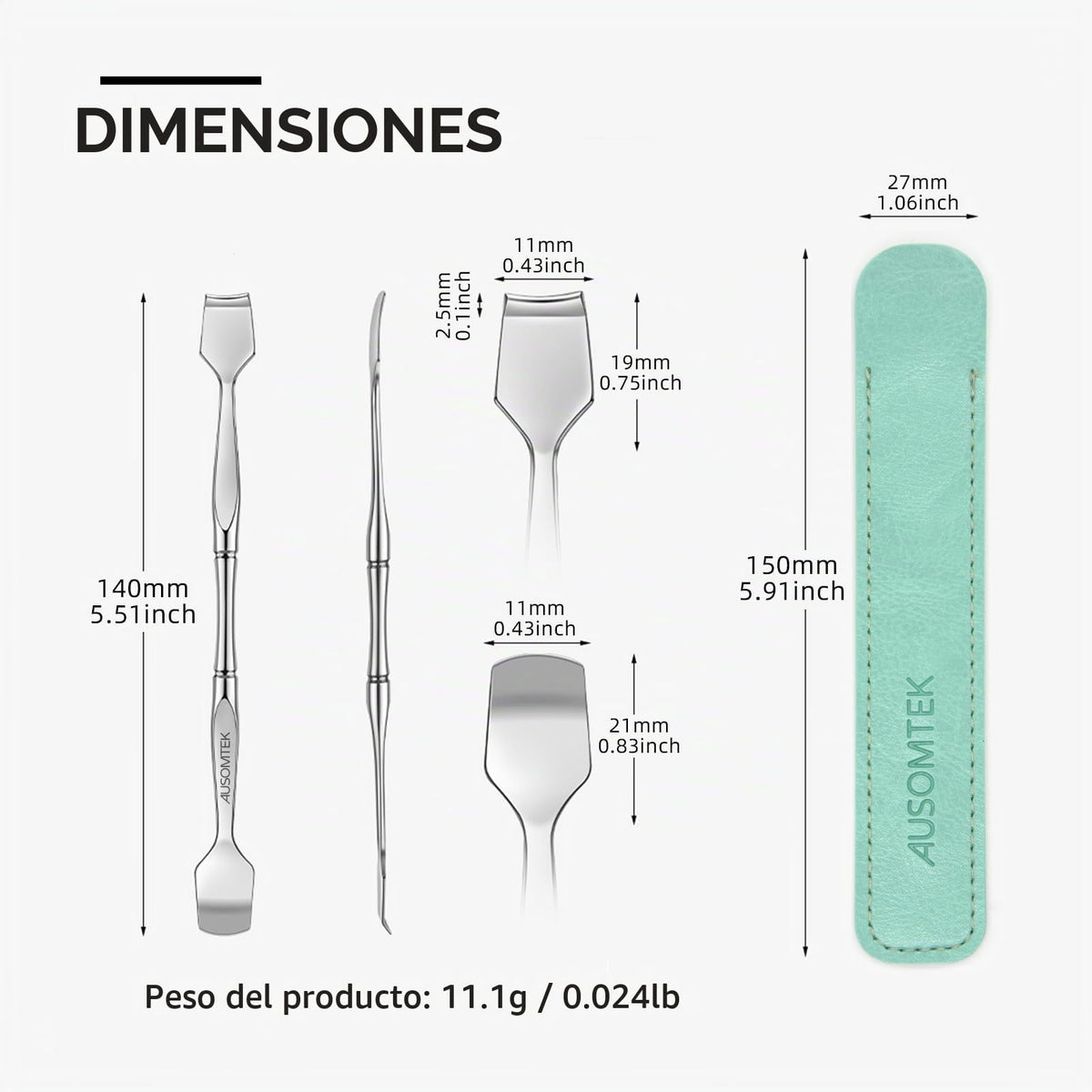 Ausomtek- Espátula de doble cabezal para puntos negros de AUSOMTEK, herramienta para preparar poros, removedor de puntos blancos, acero inoxidable, color cian