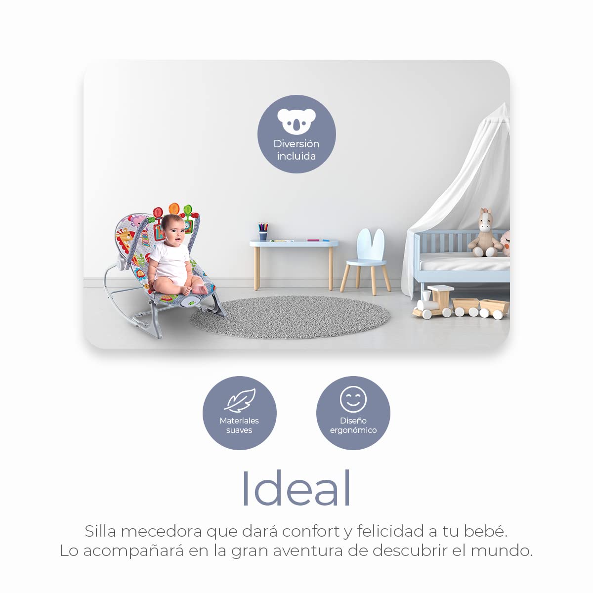 Silla Mecedora Musical Raganet Gris con Barra de Juguetes Desmontable para Bebés y Niños Pequeños