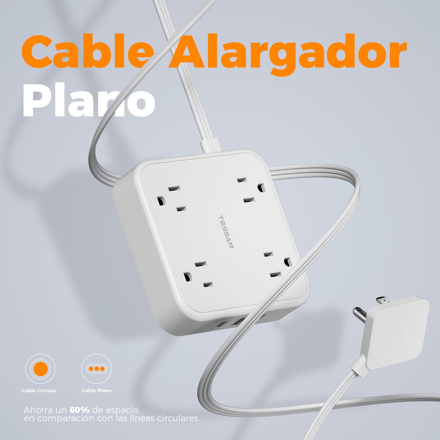 TESSAN Regleta Multicontacto con Protector de Sobretensión, 1.5M Plana Extension Electrica, Enchufe Plano Conector Multiple con 4 Salidas y 3 USB (1 USB C), Hogar Oficina Dorm, Puro Blanco