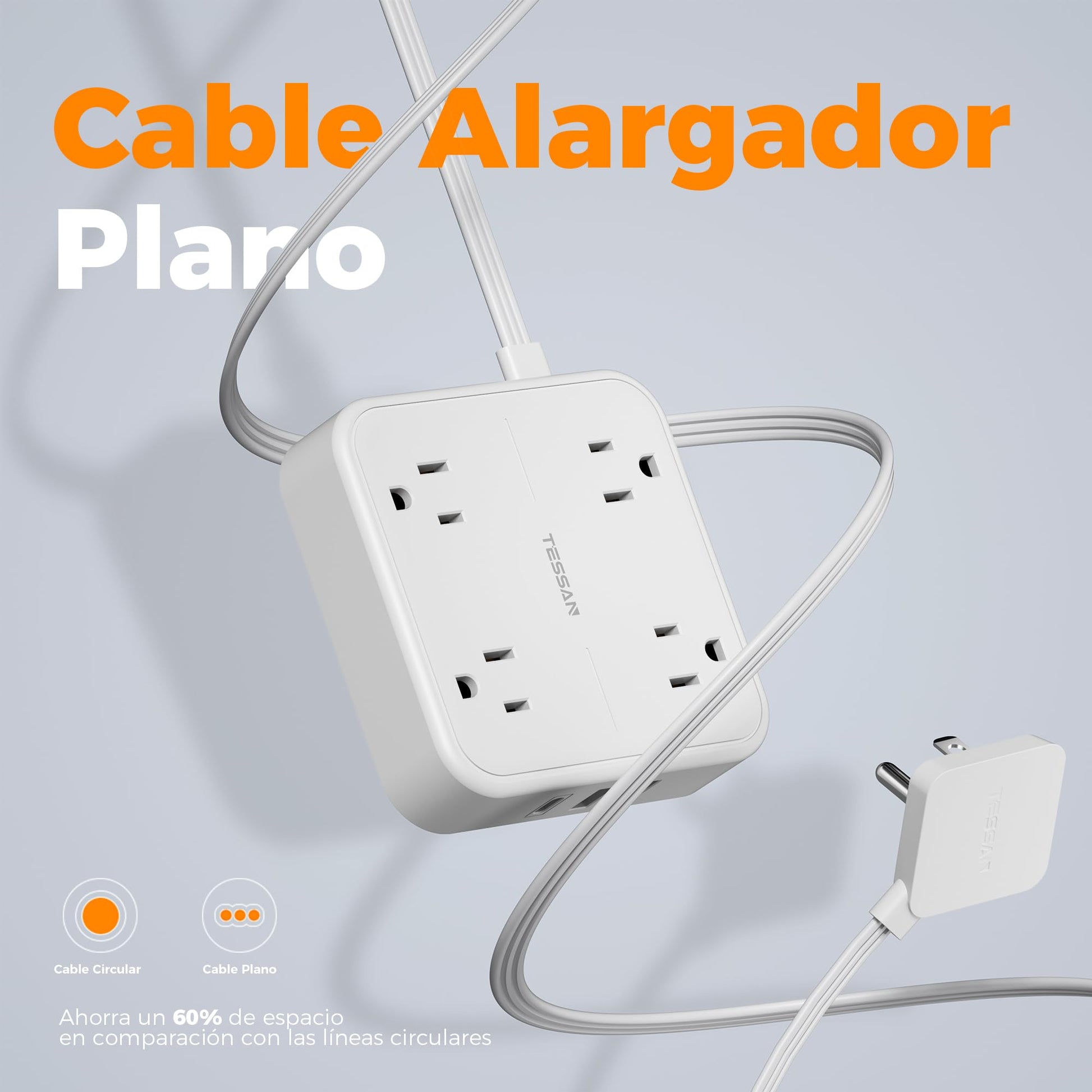 TESSAN Regleta Multicontacto con Protector de Sobretensión, 1.5M Plana Extension Electrica, Enchufe Plano Conector Multiple con 4 Salidas y 3 USB (1 USB C), Hogar Oficina Dorm, Puro Blanco