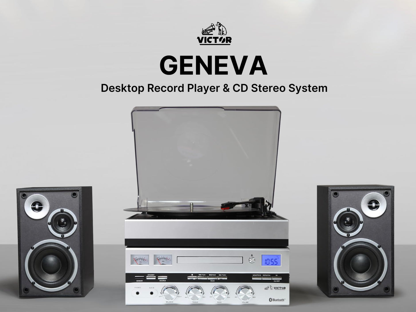Victor VDTS-5400 Geneva Centro de música 5 en 1 con Bluetooth, Reproductor de CD, Radio FM, reproducción USB, Entrada Auxiliar, Control Remoto y Altavoces estéreo Separados, Perfecto para Amantes de