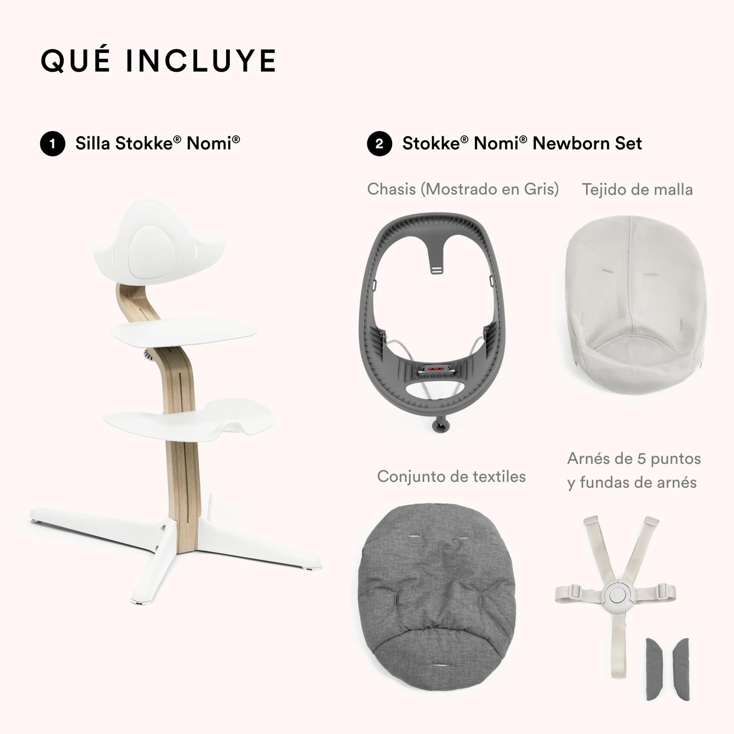 Stokke Nomi Silla (Blanca) + Newborn Set (Blanco/Rosa Grisáceo) - Incluye un Arnés de Seguridad de Cinco Puntos y Un Set de Tela Reversible y Lavable - Soporta hasta 150 kg