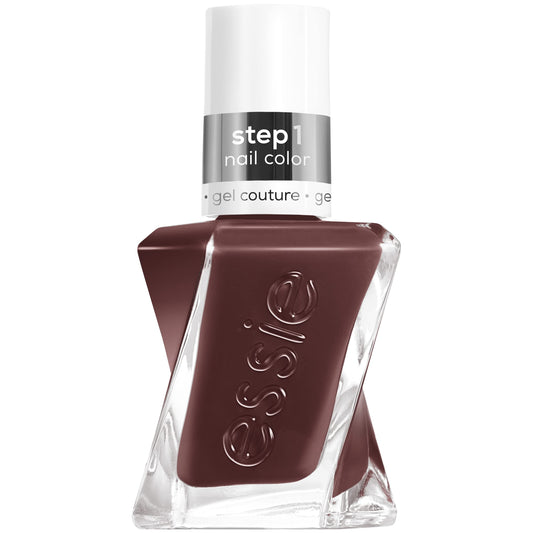 Essie gel couture long-lasting nail polish, pattern play collection, brown longwear nail polish with purple and blue undertone, all checked out, 0.46 fl oz