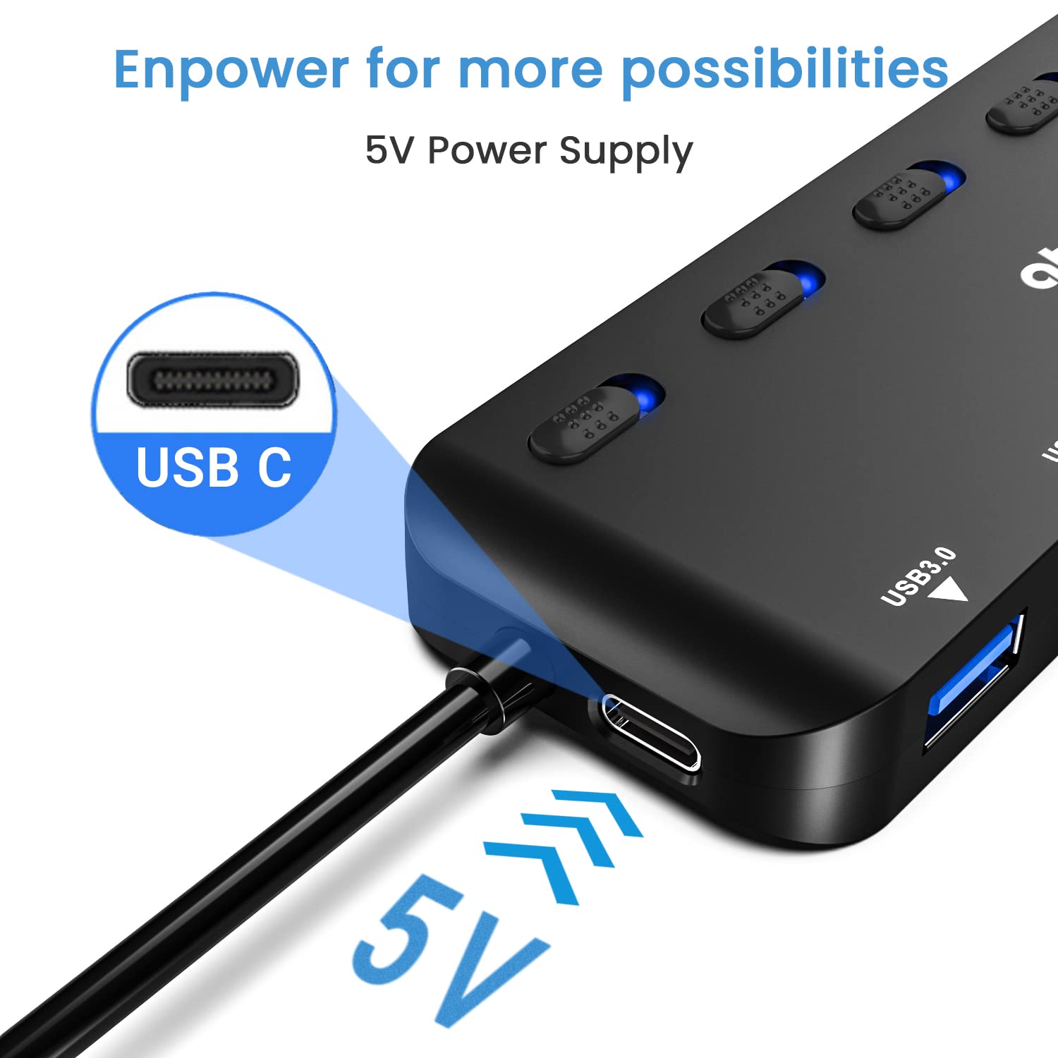 atolla Hub USB 3.0, 7 Puertos Multi USB 3.0 SuperSpeed 5Gbs, Adaptador USB con 7 Interruptores e Indicadores Individuales Compatible con Windows, Mac OS, Linux y Otros Sistemas operativos