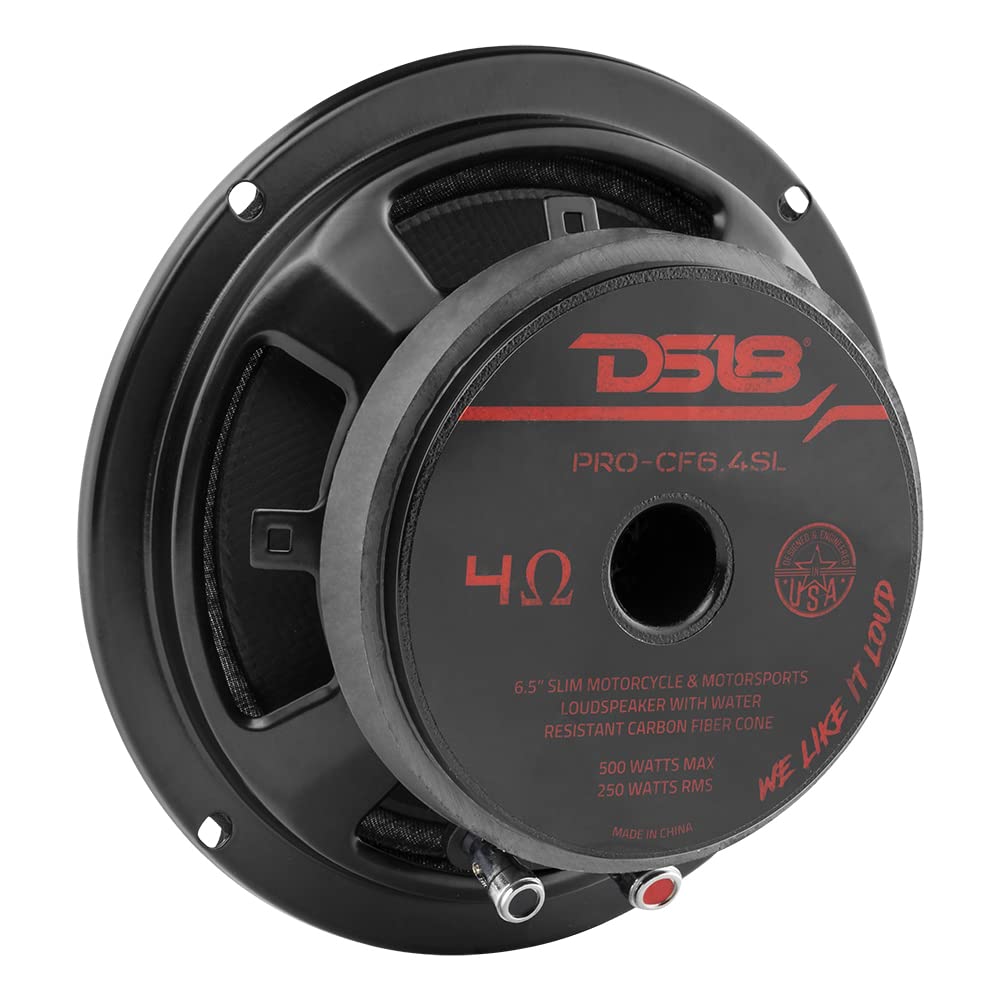 DS18 PRO-CF6.4SL - Altavoz delgado de 6.5 pulgadas de 500 vatios RMS de potencia máxima de 4 ohmios, cono de fibra de carbono, resistente al agua, altavoz medio bajo, gran altavoz para motocicletas y