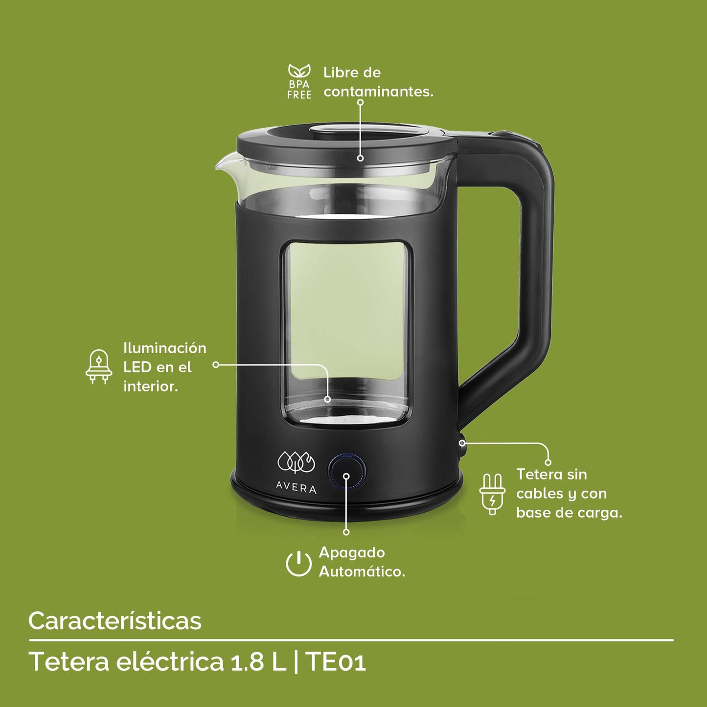 AVERA Tetera Electrica de Vidrio 1.8 Litros 1000W Potencia, Hervidor de Agua Inalambrico, Libre de BPA, Apagado Automatico, Interior Inoxidable, Iluminacion LED, Color Negro