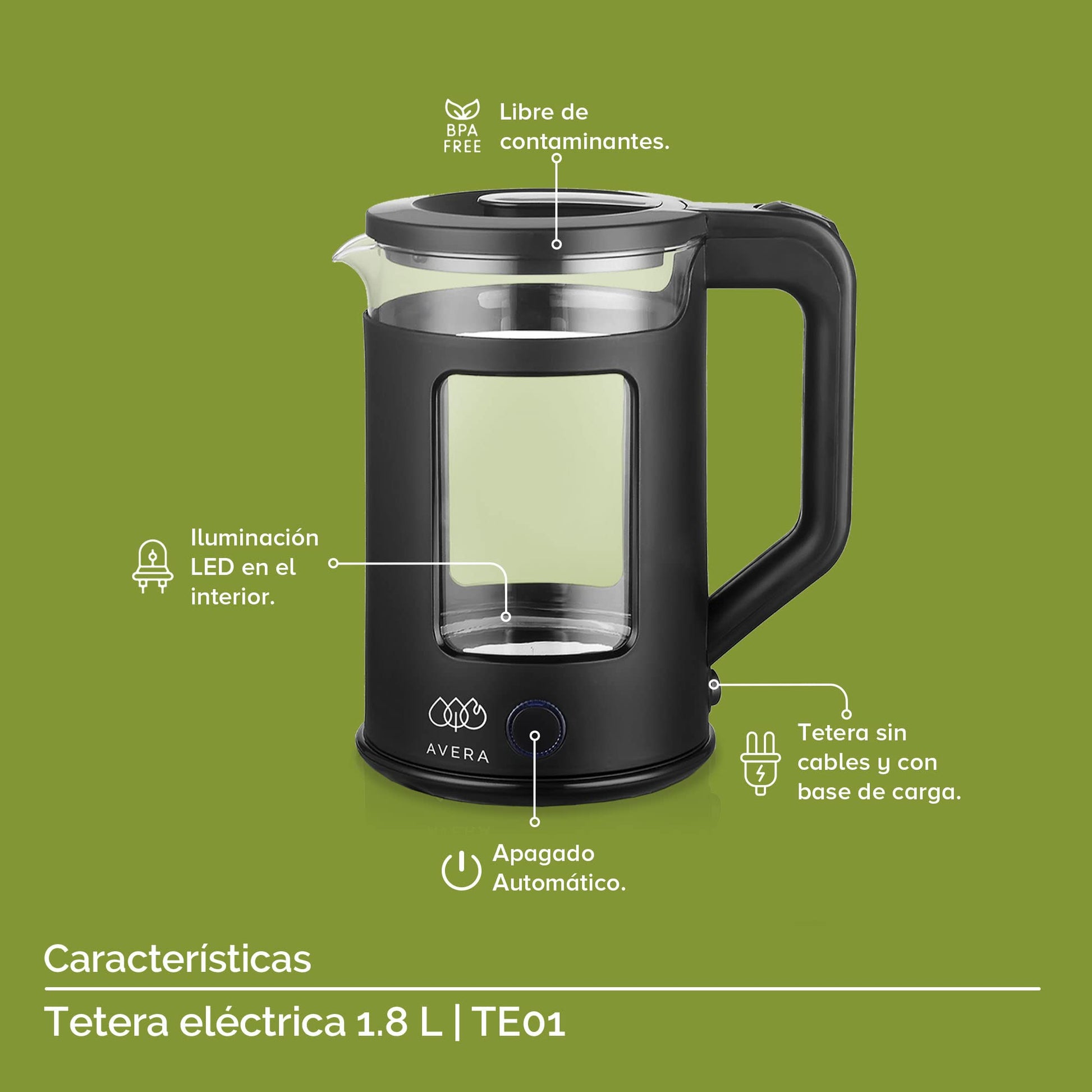 AVERA Tetera Electrica de Vidrio 1.8 Litros 1000W Potencia, Hervidor de Agua Inalambrico, Libre de BPA, Apagado Automatico, Interior Inoxidable, Iluminacion LED, Color Negro