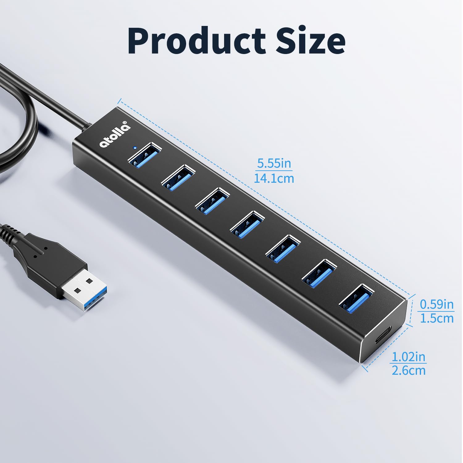 atolla 7 en 1 Hub USB 3.0, 7 Puertos Multi USB de Aluminio con Cable Extensión de 1m, Adaptador de 5Gbps USB A para PC, Laptop, PS4, PS5, Xbox, Disco U, Impresora, Ratón, Teclado etc.