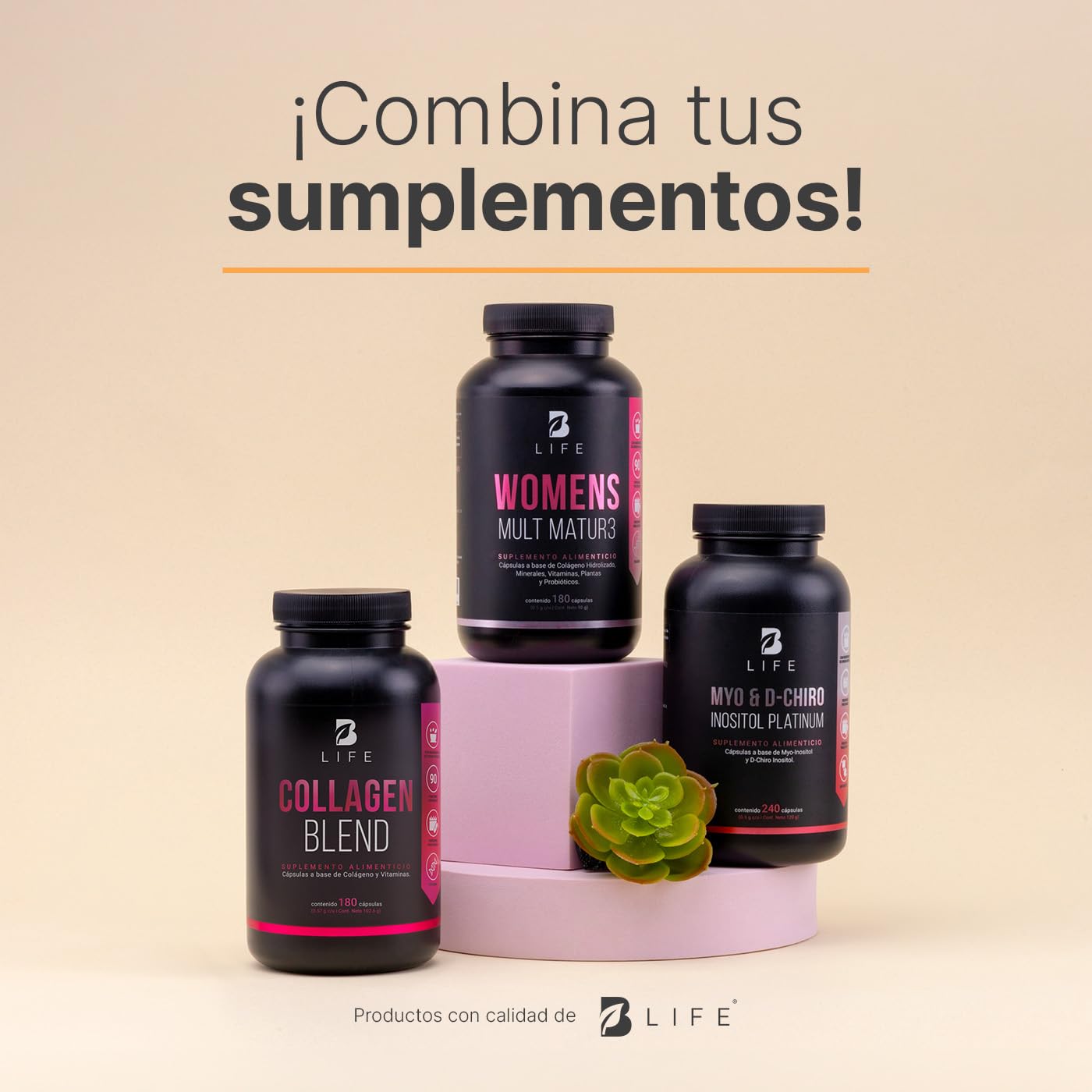 B Life Company Multivitamínico para Mujer Mayor de 40 años con 180 Cápsulas. Ingredientes naturales: Colágeno, Inositol, Maca, Probioticos. Womens Mult Matur3
