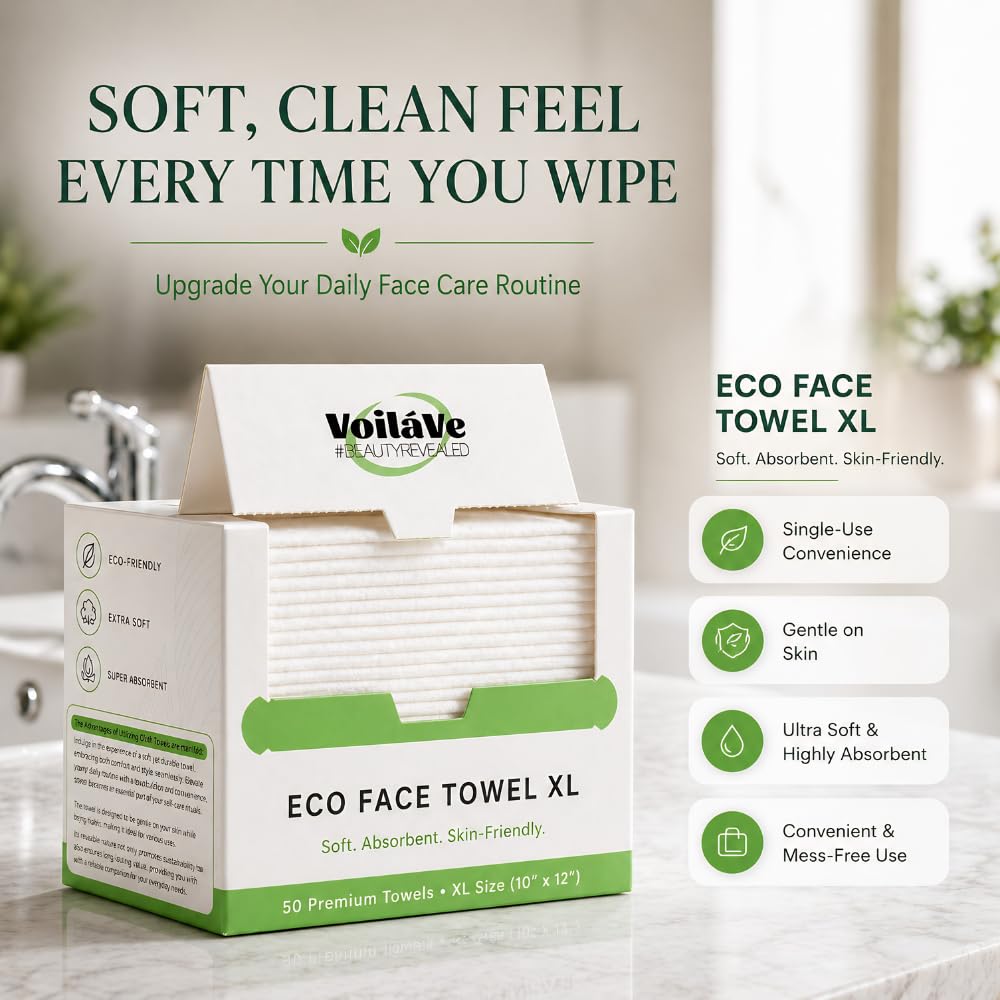 VoilaVe Toallitas Faciales Desechables - 100% Algodón, Biodegradables, Desmaquillantes, Paños Faciales Ultrasuaves Que No Sueltan Pelusa | Toallitas Ecológicas Clínicamente Probadas para Pieles Sensib