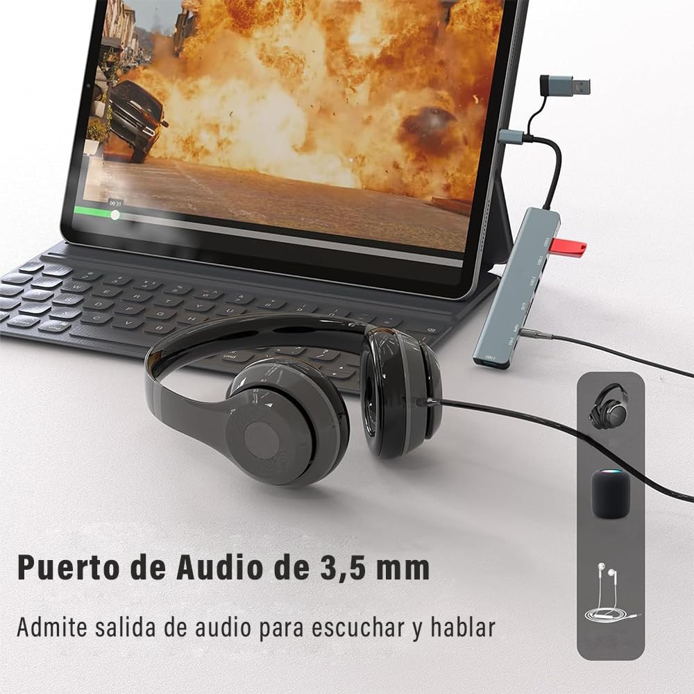 Hub USB C 3.0 8 en1, Adaptador USB a Tipo C Multipuerto con Jack 3.5, 4 Puertos USB 1 Puerto USB C, Puertos TF y SD, Adaptador para MacBook Air/Pro iPad y Más Dispositivos PC/Laptop/Tablet