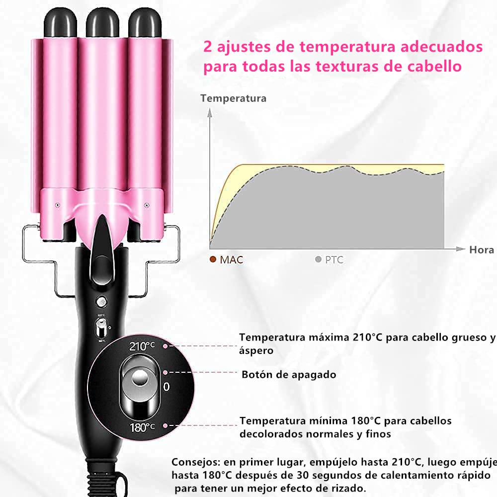 Rizador de Pelo, Ondas Cerámica con Temperatura Ajustable, Triple Tubo Rizador de Cabello de 25mm, Herramienta de Peinado Automático para Mujer Cabello Largo/Corto y Viajero Regalo (Rosado)