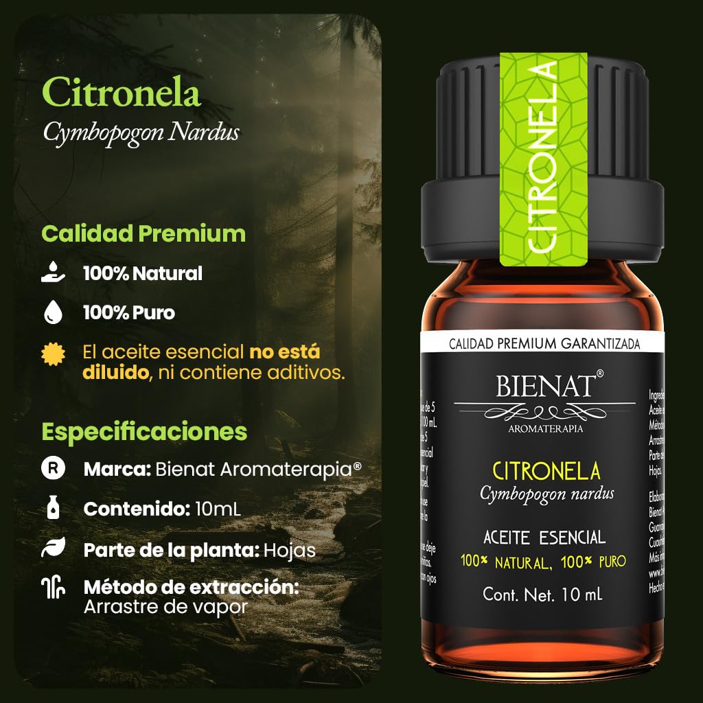 BIENAT AROMATERAPIA Aceite Esencial de Citronela 10mL | 100% Puro y Concentrado | Ideal para Difusor de Aromas, Humidificador, Aromaterapia, Masajes, Meditación, Jabones y Velas | Esencia Natural en Gotas
